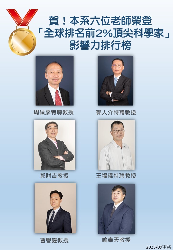 賀！本系六位老師榮登 全球排名前2%頂尖科學家影響力排行榜